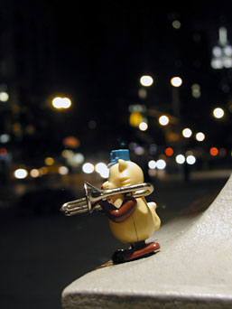 The Commander Trombone mascot busking in New York City